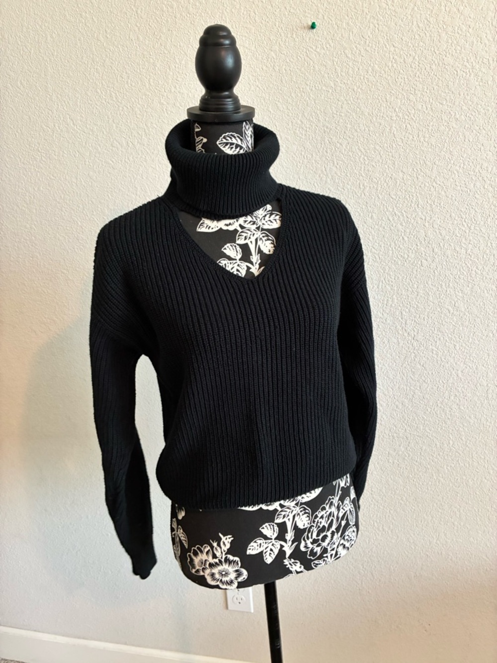 Bar III Black Ribbed V-Neck Turtleneck Sweater
